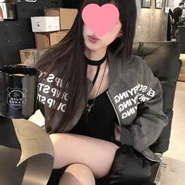 美式复古字母印花棒球服外套女春秋感韩系飞行员夹克皮上衣潮