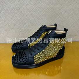 cl andgz黑色拼金色杂乱钉高帮红底男鞋铆钉女鞋情侣款板鞋休闲鞋