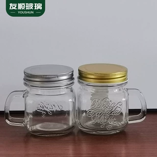 批发玻璃梅森杯玻璃透明冷饮杯子带盖果汁瓶奶茶把子杯可印刷LOGO