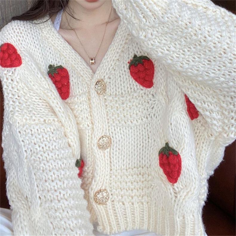 2026 Spring, Autumn, and Winter New Retro Sweet Strawberry Sweater Loose Lazy Style V-Neck Knitted Cardigan Jacket for Women