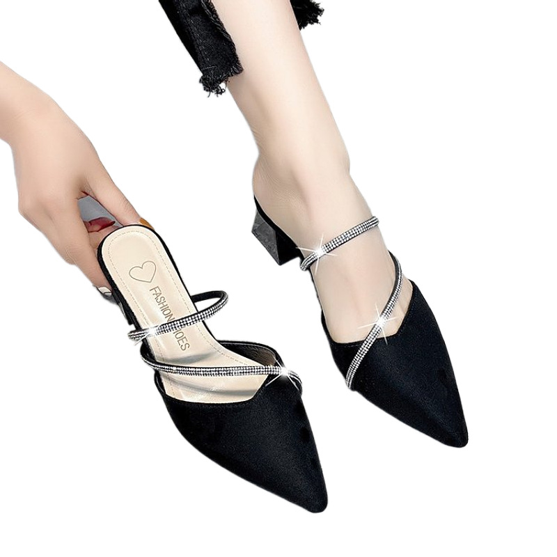 Punta estrecha cerrado dedo del pie medio zapatillas de verano nuevo rhinestone con Mediados de talón grueso talón medio zapatillas casual hogar cómodo Flip Flop