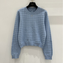 南油高版本小香家新款圆领针织衫长袖方格纯色套头打底外穿毛衣女