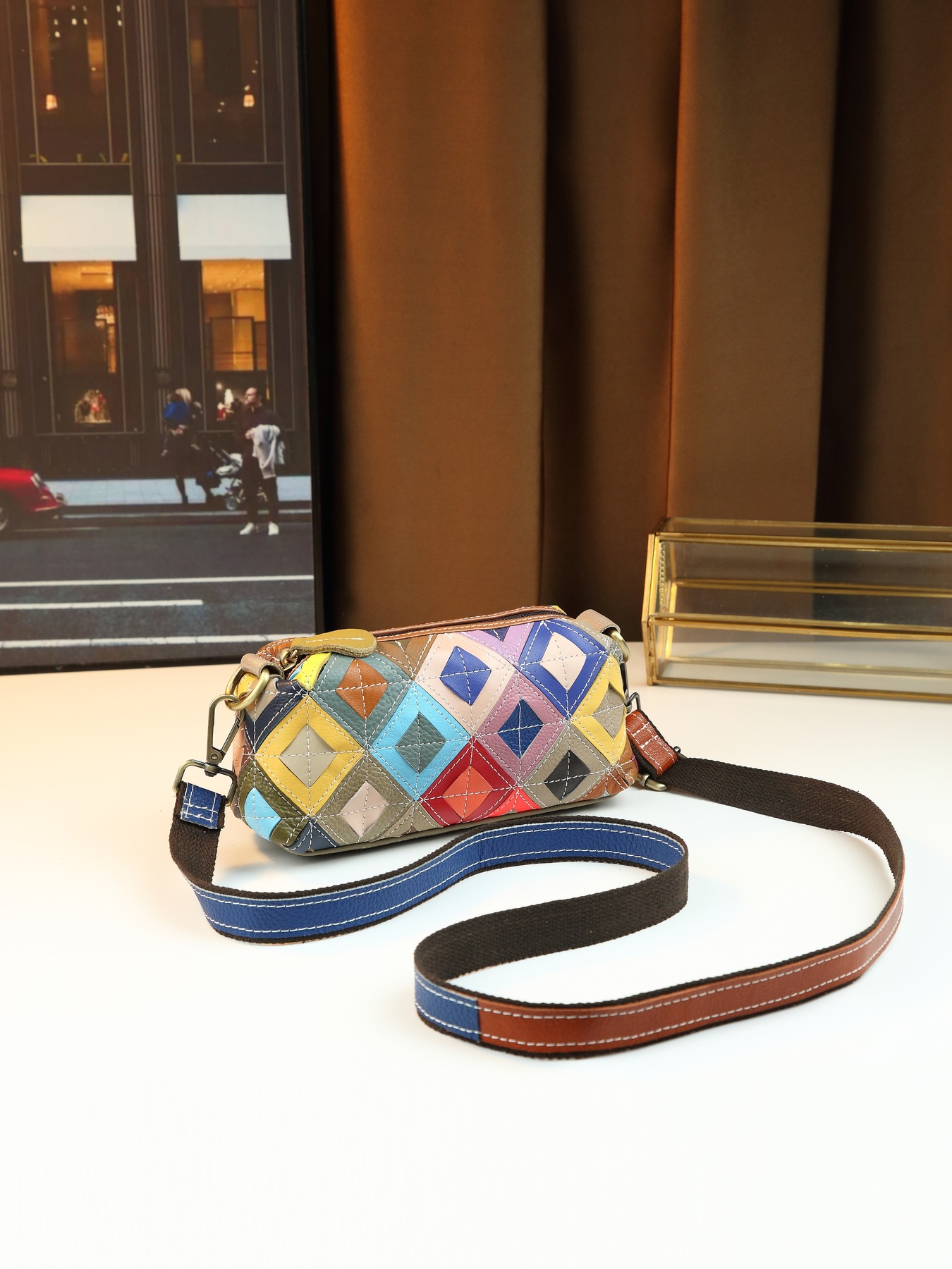 Women's Ethnic Style Colorful Plaid Leather Crossbody Shoulder Bag_voghion.com