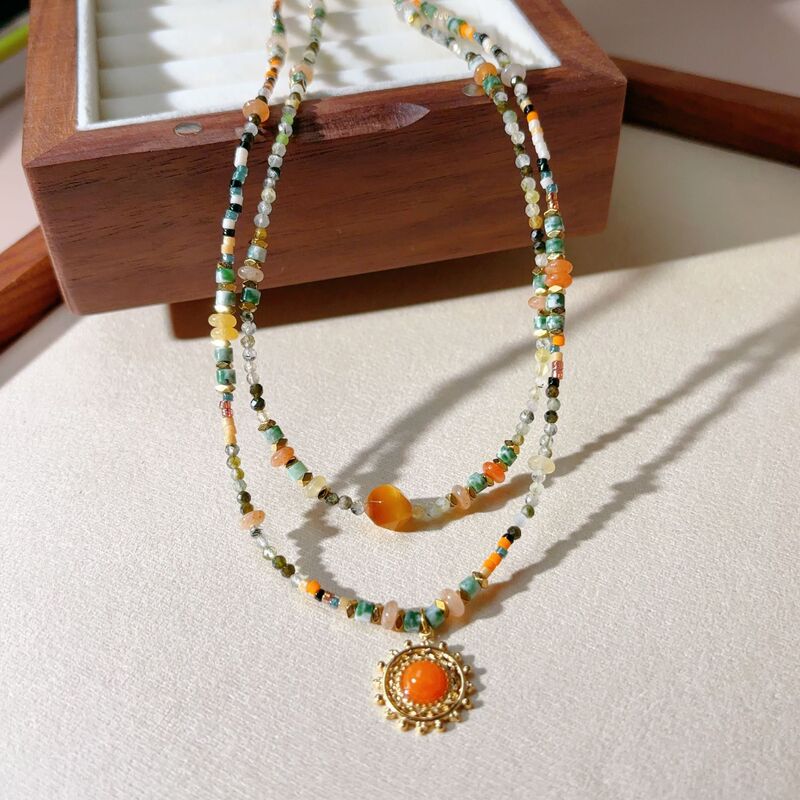 Natural Stone Stitching Beaded Necklace Female Vintage Niche Original Design Titanium Steel Accessories Daily All-match Chinese Necklace