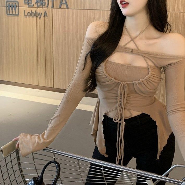 2023 autumn new sweet and spicy irregular top removable sleeve halter neck vest design off-shoulder T-shirt