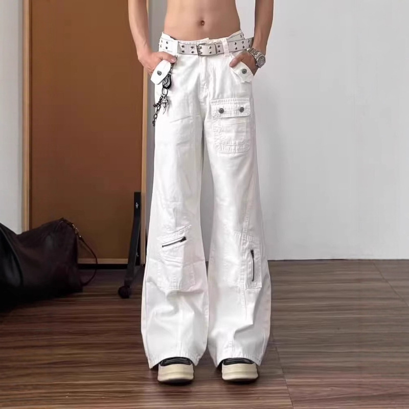 American-Style Design Multi-Pocket White Flared Jeans for Men and Women, Loose Wide-Leg Casual Cargo Floor-Length Pants Trendy