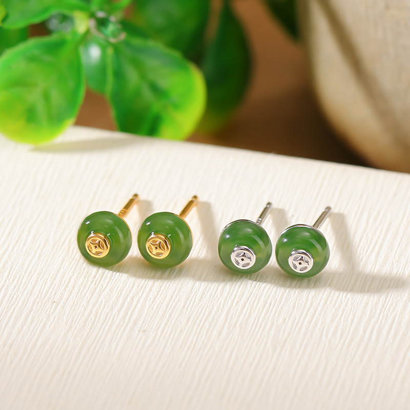 Bông tai bạc S925 mạ vàng đính ngọc Hòa Điền Jasper phong cách Trung Quốc — Kiểu màu bạc