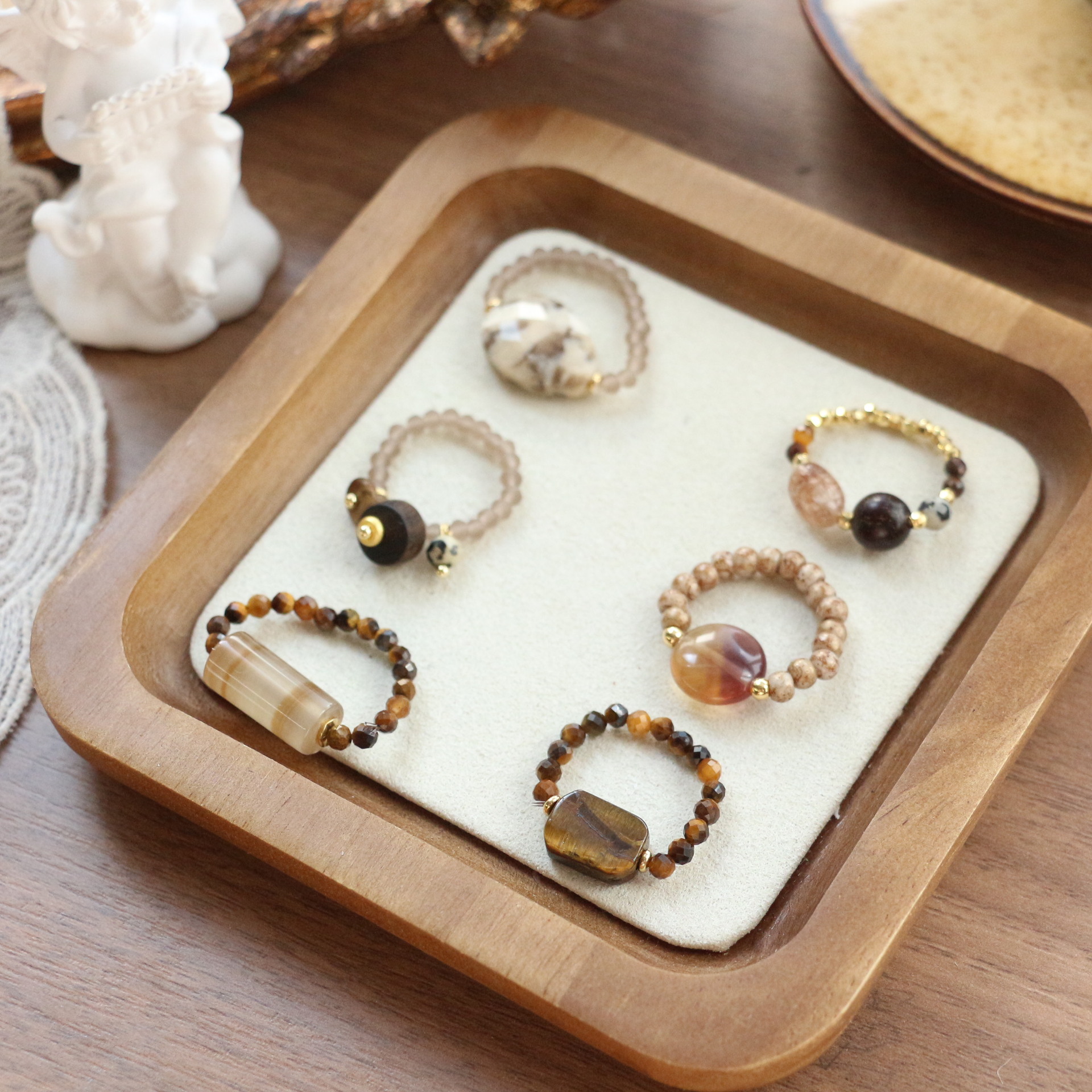 Handmade Beaded Ring With Natural Agate And Tiger Eye Stones_voghion.com