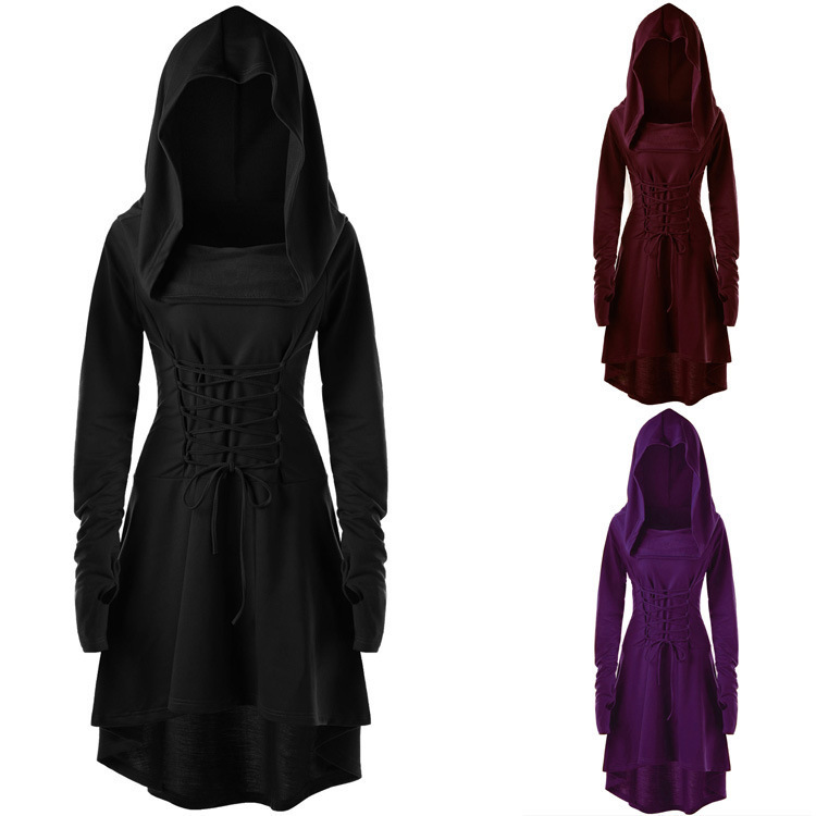 Ebay Amazon European and American Foreign Trade Hot-Selling Women's Solid Color Festival Performance Dress Long-Sleeve Hooded Tie-Up Dress Ebay Amazon European and American Foreign Trade Hot-Selling Women's Solid Color Festival Performance Dress Long-Sleeve Hooded Tie-Up Dress