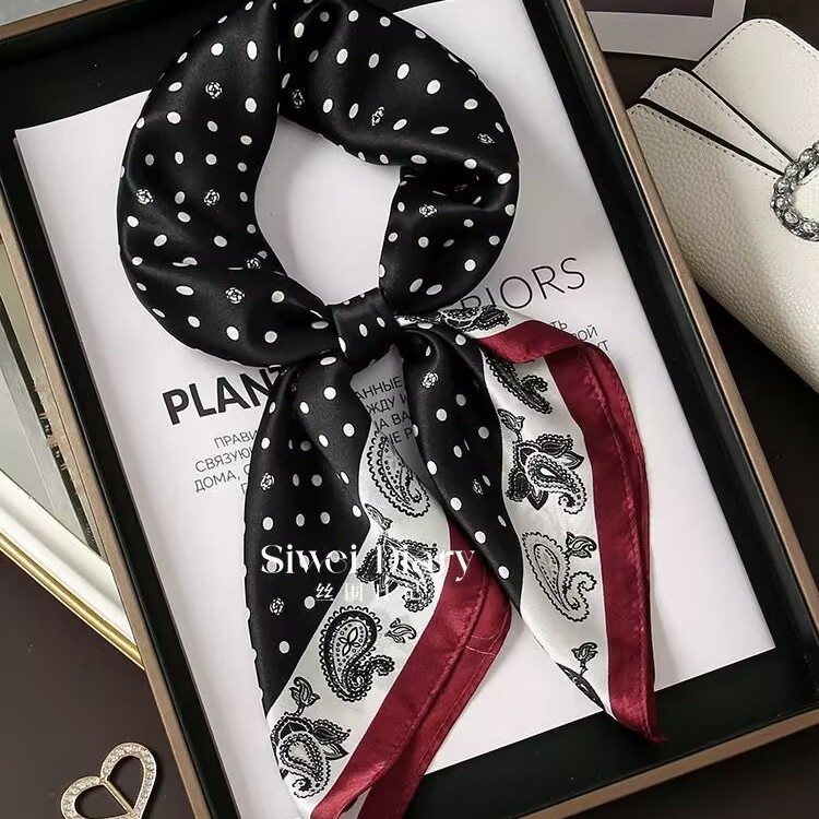 Women's Pure Silk Scarf 2025 New Cashew Polka Dot Square Scarf Autumn/Winter Luxury Old Money Style Korean Necktie - Thumbnail 3