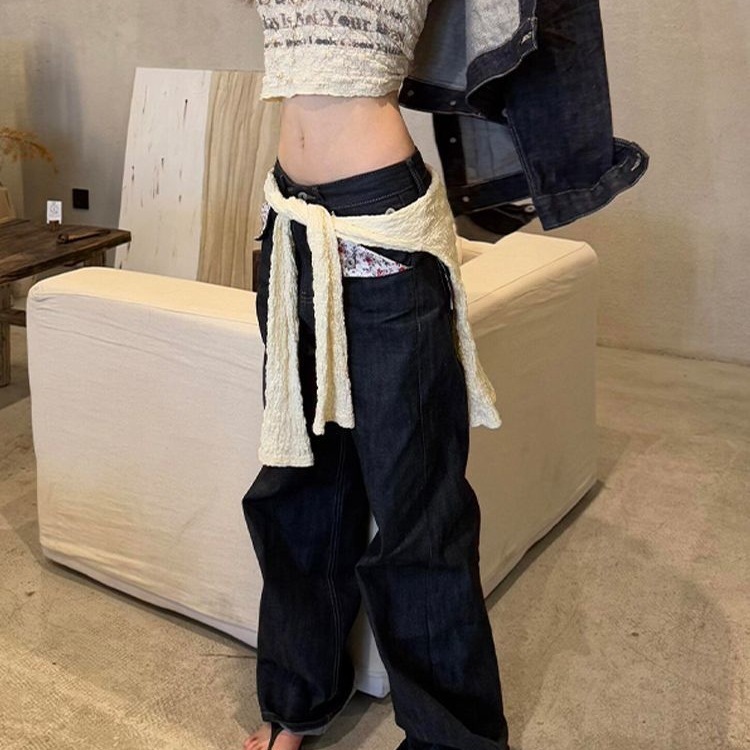 美式复古设计感赤耳碎花拼接牛仔裤子女辣妹亚文化宽松显瘦直筒裤|undefined
