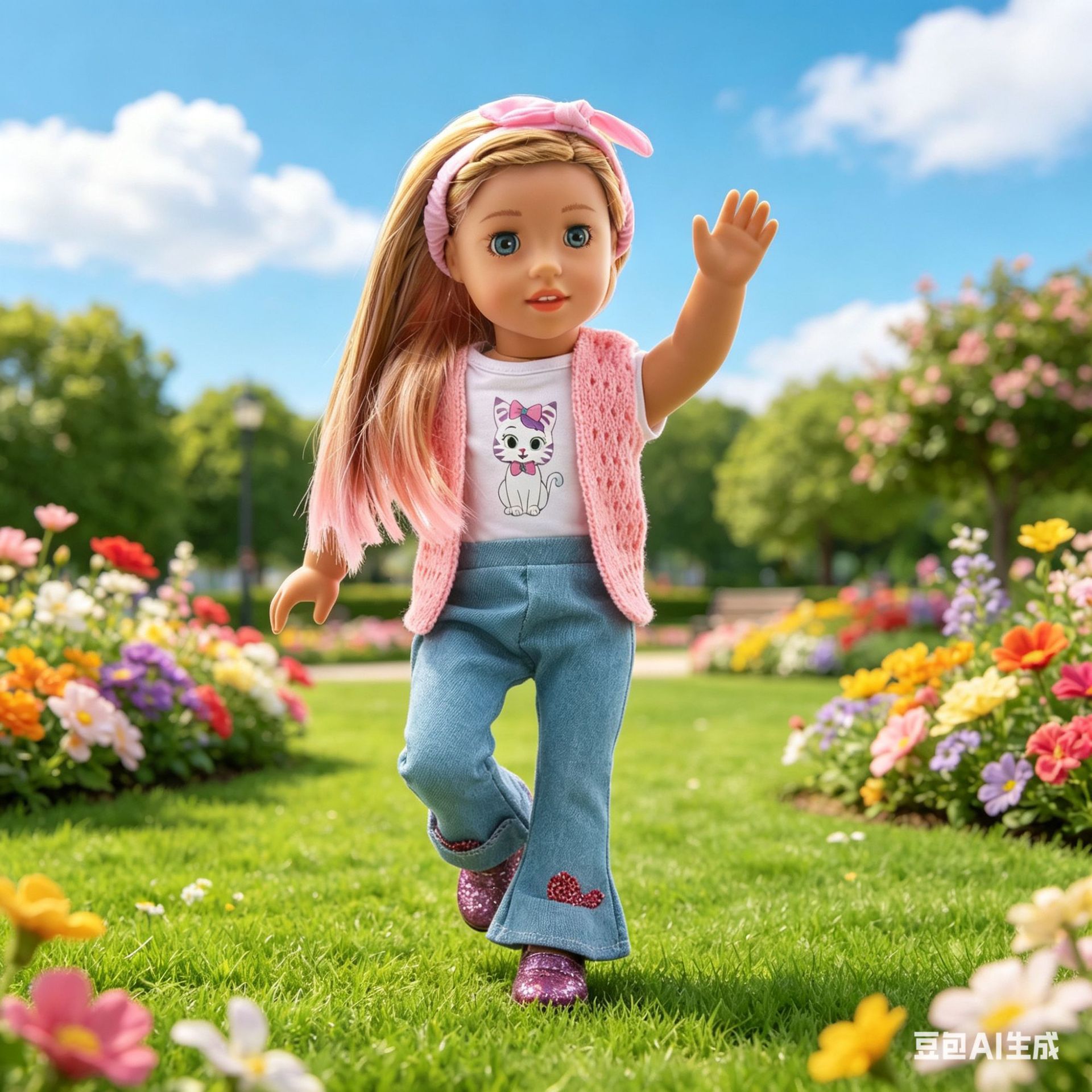 New Product 18inch American Girls' Fashion Vest Sweater Set Cute Cat Pattern Four-Piece Set Cross-Border Supply