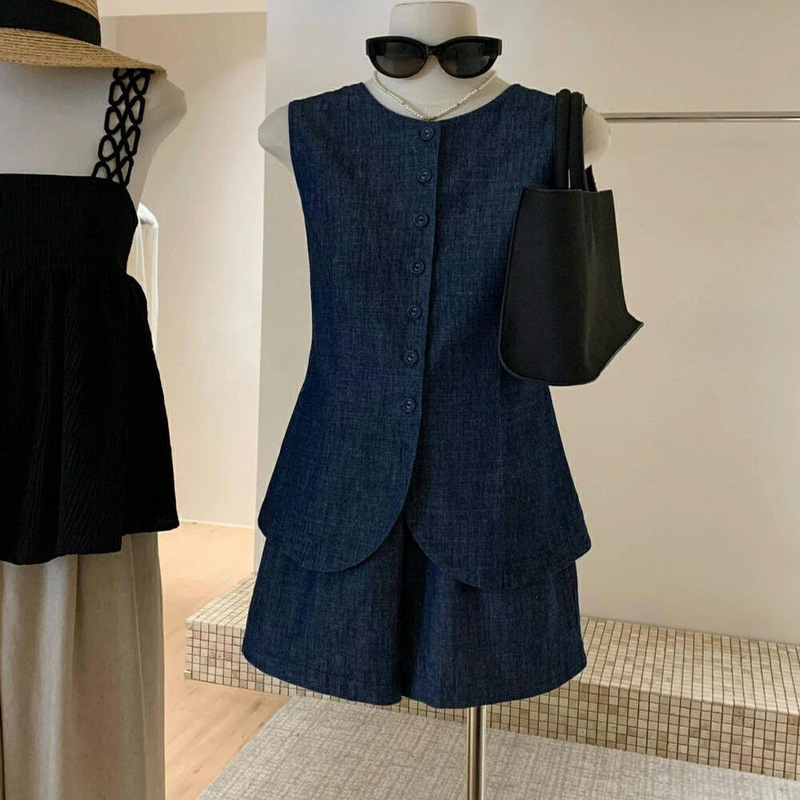 Old Money Style Vest Suit, Loose Vest, Denim Shirt Top, Wide-Leg Shorts, Summer Outfit Set