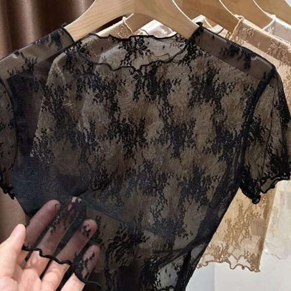 Lace Short-Sleeved T-Shirt for Women, New Summer Style, Hollow Mesh Bottoming Shirt, Round Neck, Slim Fit, Versatile Sun Protection Cover-Up Lace Short-Sleeved T-Shirt for Women, New Summer Style, Hollow Mesh Bottoming Shirt, Round Neck, Slim Fit, Versatile Sun Protection Cover-Up