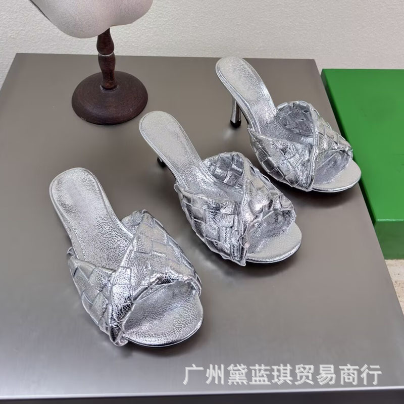 Spring and Summer New Style Cowhide Woven Fold-Over Round-Toe Sexy Open-Toe Kitten Heel High-Heeled Slippers for Outdoor Wear in Europe and America