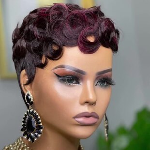 Real Human Hair Short Wig, Small Curly Short Wig 99J 4/27 Brown Colors