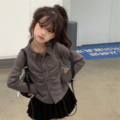 Women's Pleated Shirt Spring and Autumn New Girl Long Sleeve Thin Grey Collar Blouse Children's Stylish Top for Outerwear Trendy