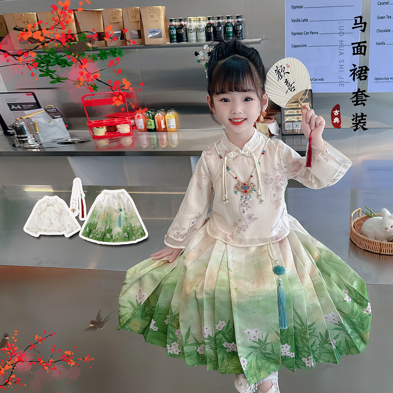 Girls' Spring and Autumn Style Long-Sleeve Ancient Tang Suit Set Original Flowers and Plants Trendy Chinese Style Festival Baby Ancient Costume Hanfu