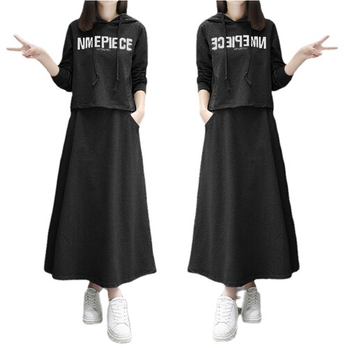 Women's Loose Two-Piece Set with Long-Sleeve Letter Hoodie and Skirt - Early Autumn Style for Europe