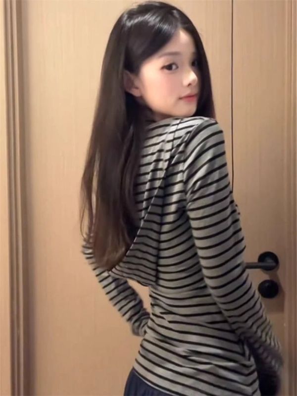 韩系挂脖假两件条纹长袖t恤女2025新款修身辣妹打底衫内搭上衣潮|undefined