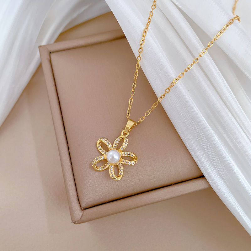 Wunderschöne Perlenkette Mit Fünfblättriger Blume Aus Titanstahl_voghion.com