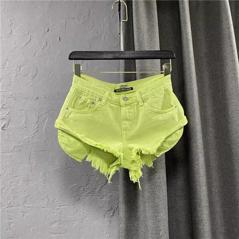 2026 New Summer Fashion Stylish Personality Fruit Green Denim Shorts Women's Sexy Low-Waist Wide-Leg A-Line Pants