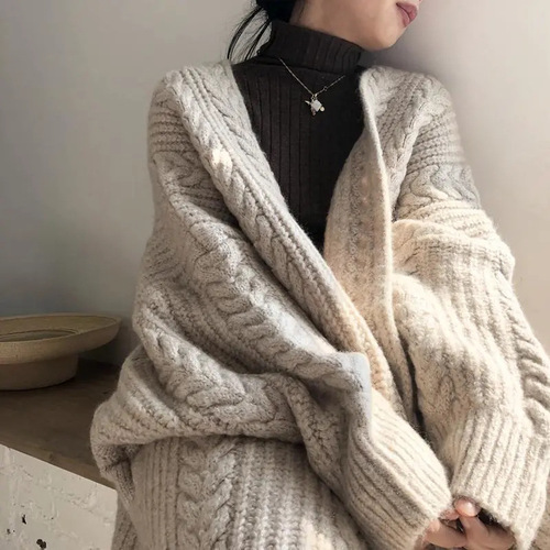 Korean Version New Retro Fashion Minimalist Thick Loose Cable Knit Winter Medium Length Cardigan Sweater