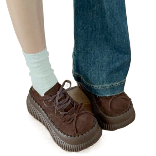 Ethnic Brogue Shoe Sole, Mid-Heel (-cm), Low-Cut Design, Lace-Up, Square Toe, Deep Rubber Opening