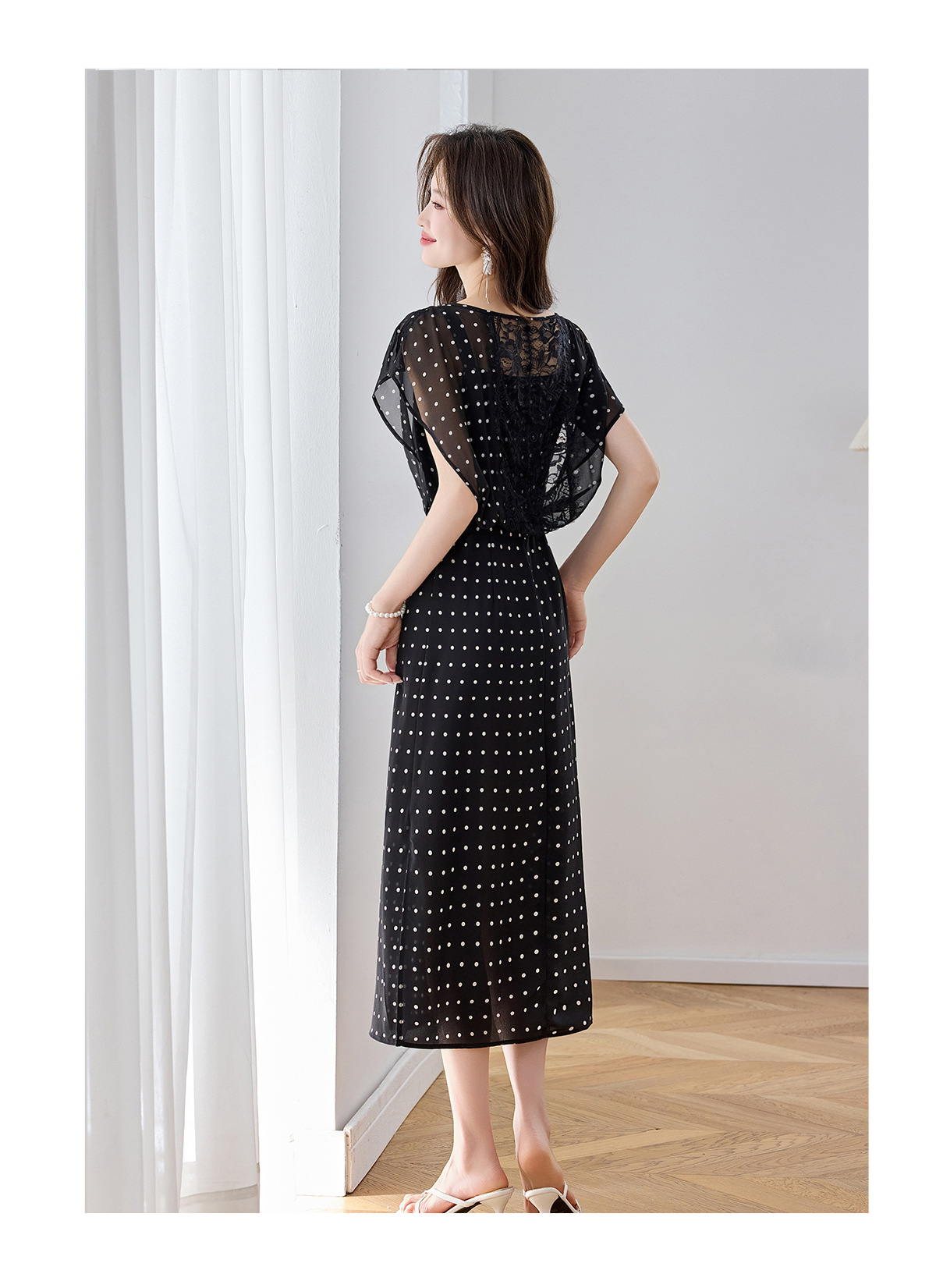 Đầm maxi nữ thắt eo thiết kế tân cổ điển cao cấp — màu đen, Chấm tròn chi tiết 8