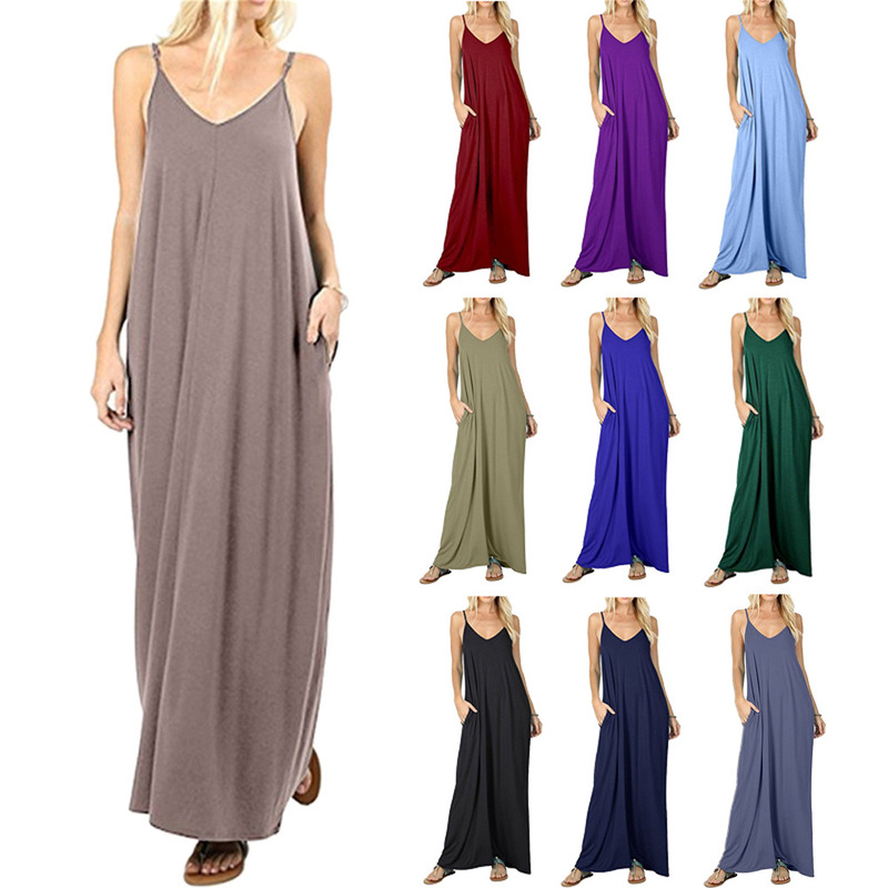 Cross-border sourcing European and American women's solid color loose pocket dress Amazon vest dress sexy skirt