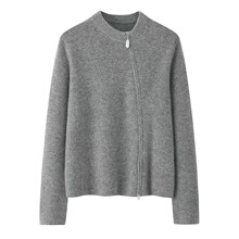 鄂尔多斯市产圆领拉链女开衫毛衣100纯色山羊绒侧开襟女式羊绒衫