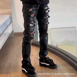 牛仔裤男士水洗直筒休闲美式欧货破洞烫钻潮流裤子社会小伙长潮男