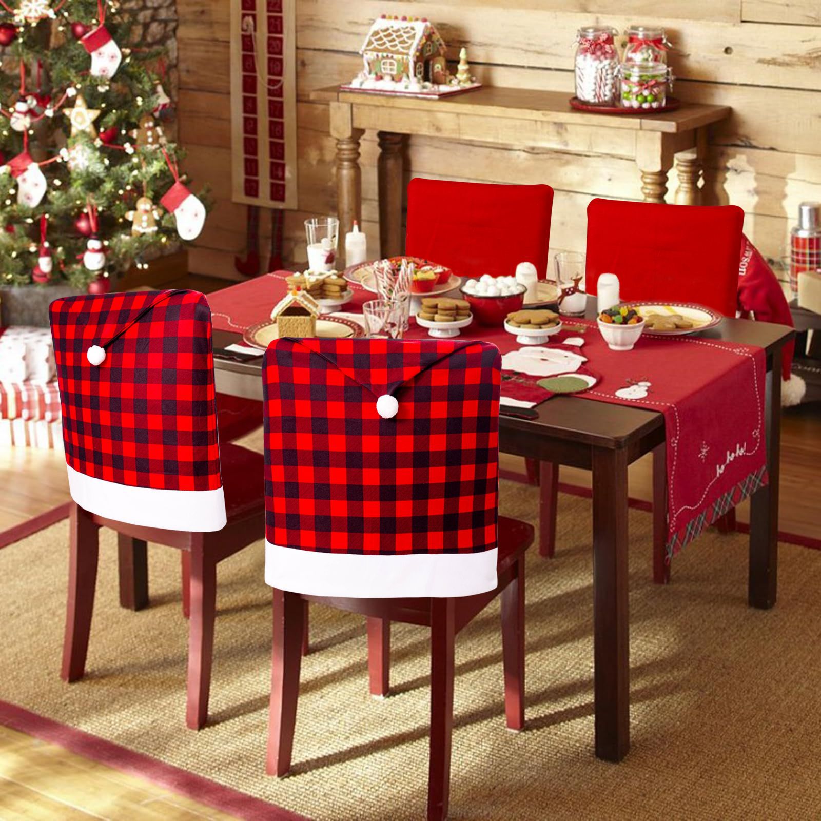 Navidad transfronteriza cubierta de sillas a cuadros negros y rojos decoraciones de sillas para el hogar de restaurantes de hotel atmósfera decoración cubierta de sillas