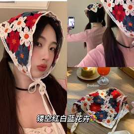 日系手工钩花头巾女纯色甜美ins法式三角巾包头网红针织发带头带