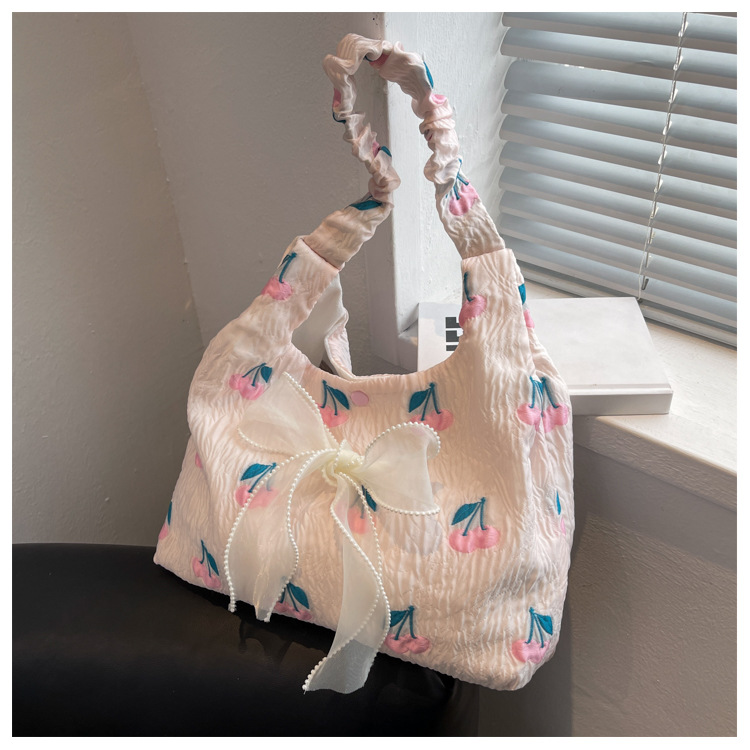 Women's Fashion Cherry Floral Flower Lace Bow Knot Magnetic Buckle Underarm Bag Canvas Shoulder Bags display picture 7