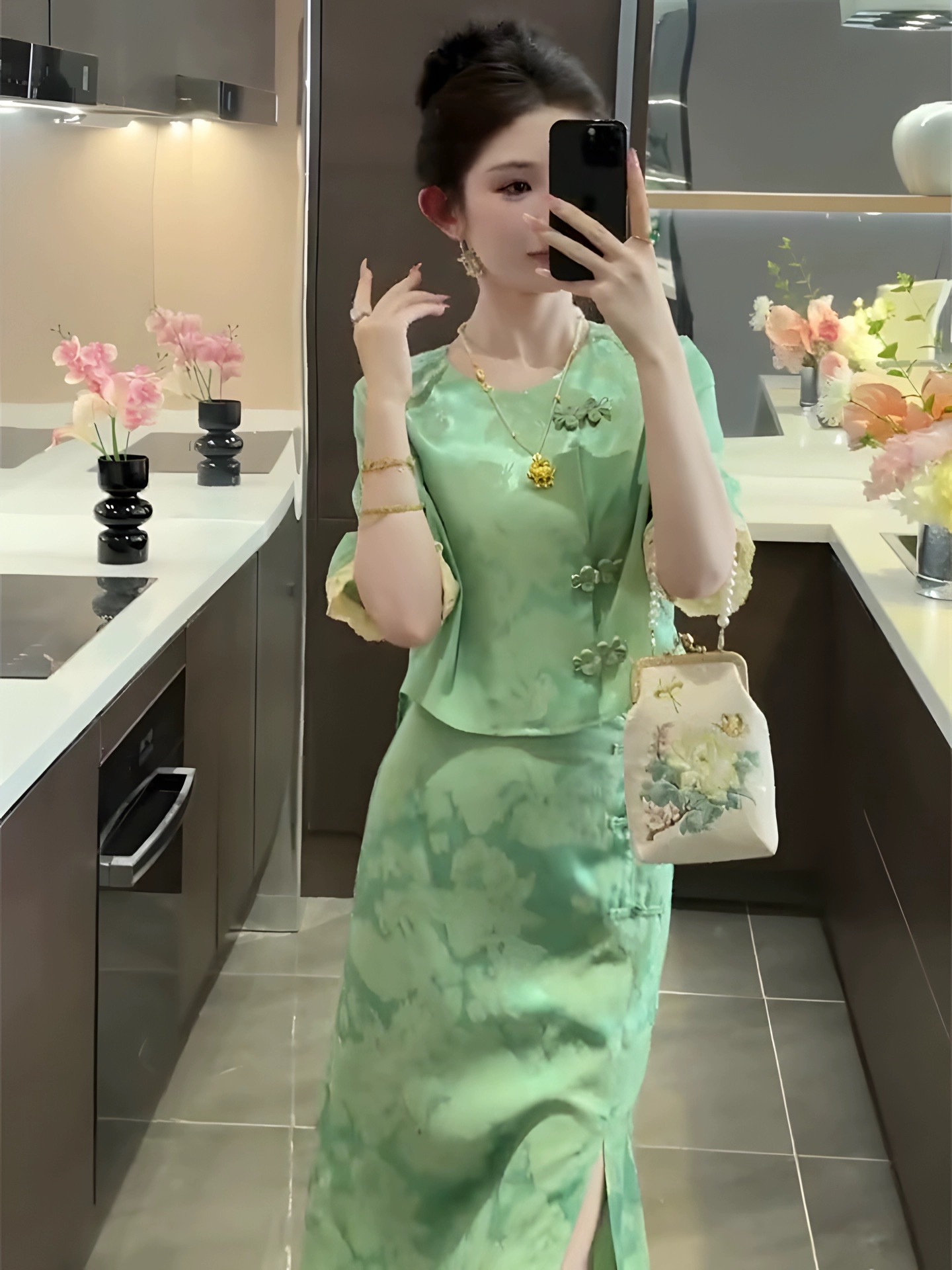 Bộ váy hai mảnh kiểu Trung Quốc mùa hè dành cho nữ, thiết kế sang trọng nhẹ nhàng — Màu xanh lá chi tiết 4