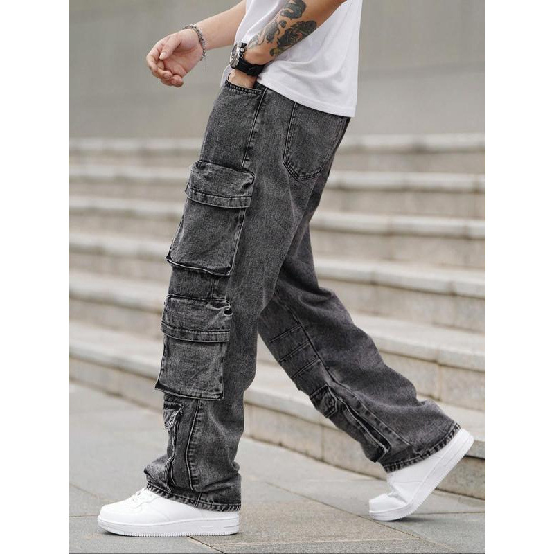 跨境Men's Street Style Washed Wide Leg Cargo Jeans Loose Fit|undefined