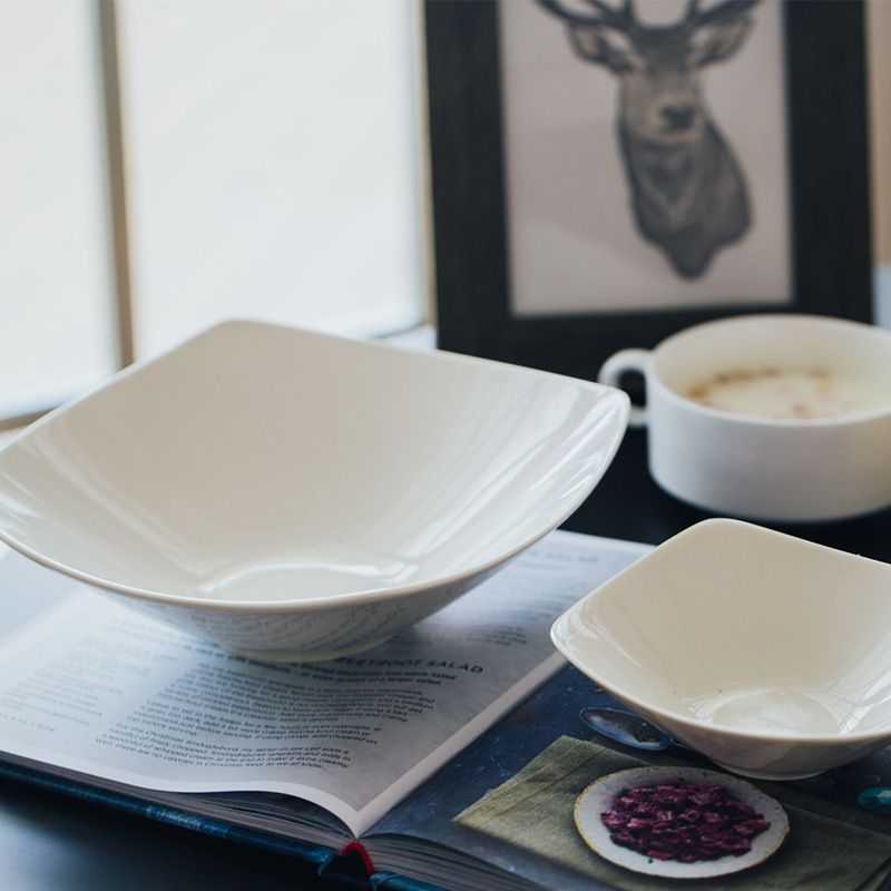 Bone China Vegetable Plate Tableware Jingdezhen White Square Soup Plate Ceramic Soup Plate Household Creative Plate Set