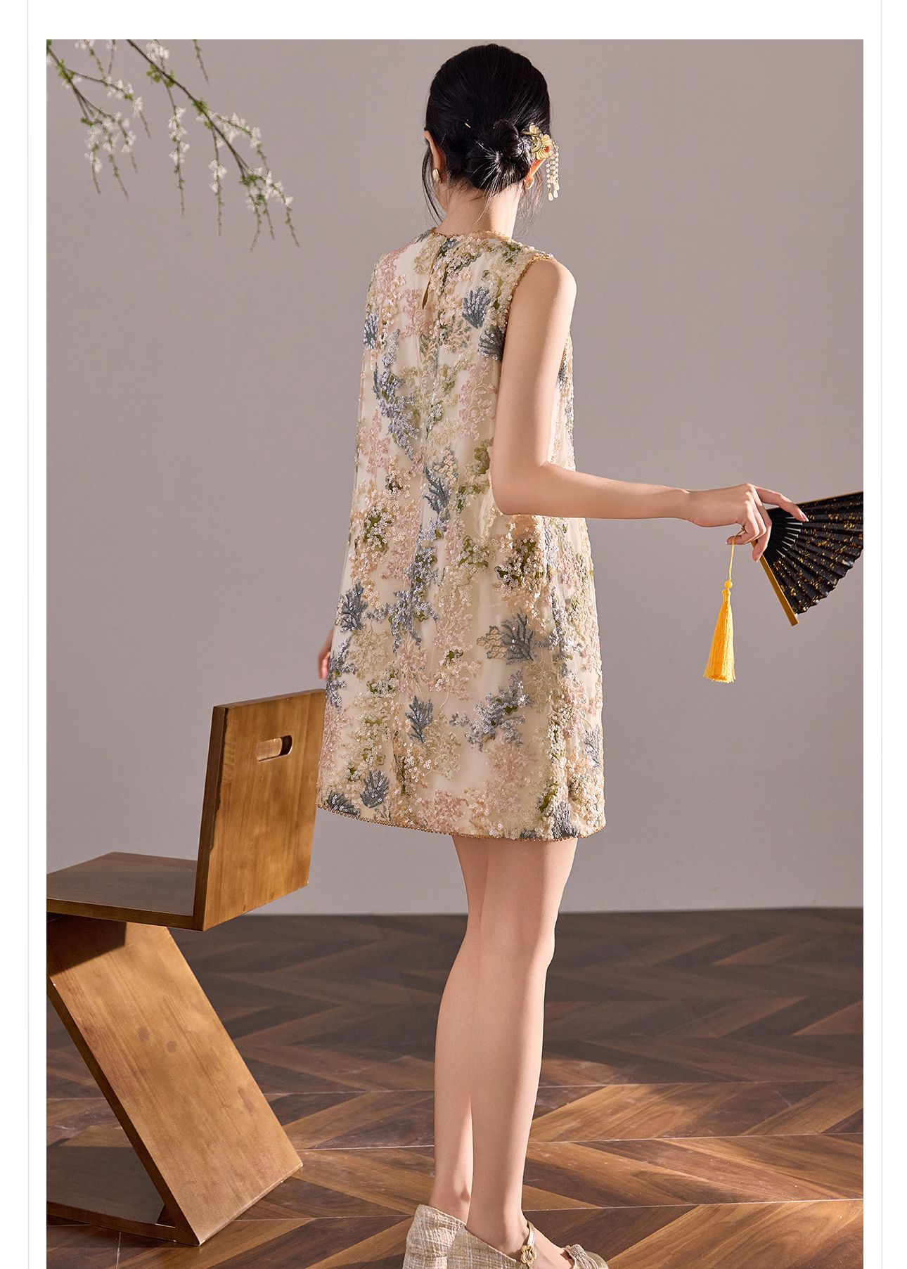 Đầm suông nữ midi tân cổ điển không tay, thêu đính cườm sequin, form chữ A — màu mơ chi tiết 16