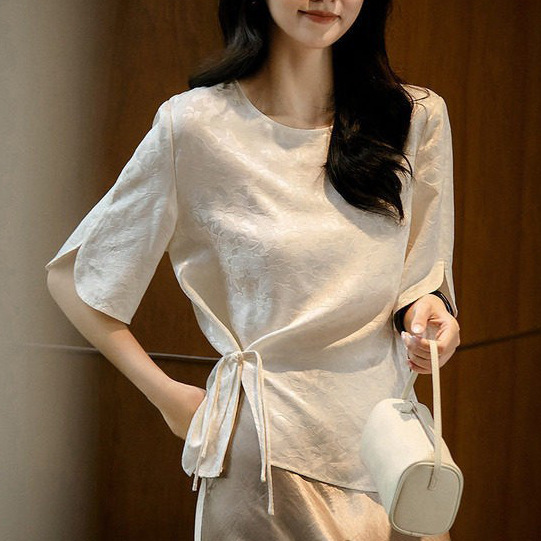 Lun Yue" Silk Jacquard Blouse~Tassel and Button Design Top, New Summer Style