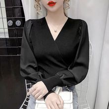 泡泡袖上衣女新款春秋新款V领雪纺拼接收腰气质长袖针织打底小衫