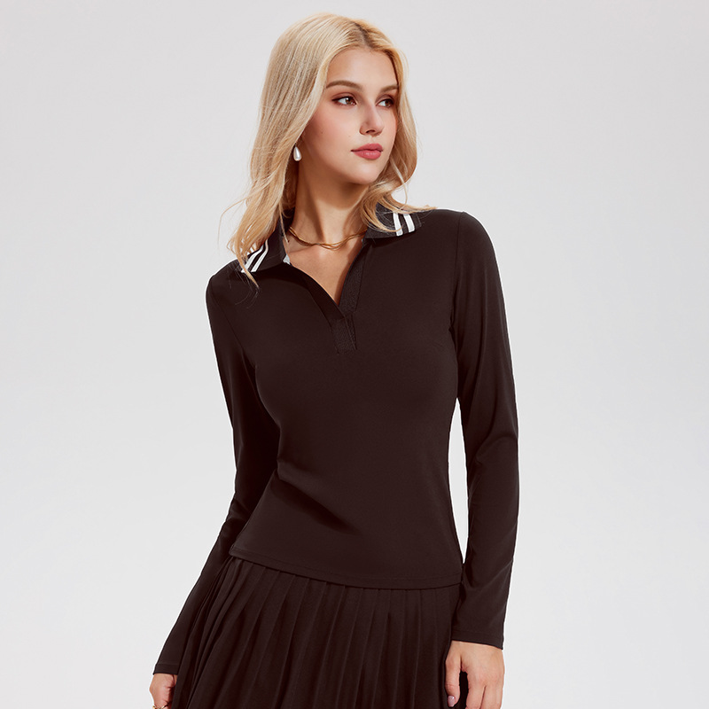 V-collar chaqueta de tenis de mangas largas camiseta de polo deportiva con solapa camiseta de negocios de golf casual chaqueta de ejercicio de secado rápido