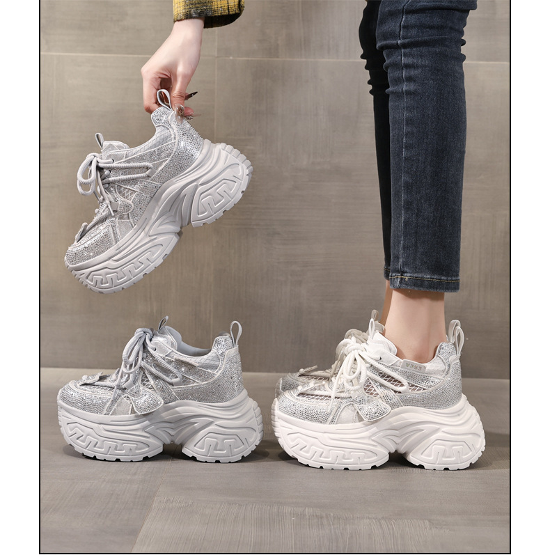 Giày sneaker nữ đế dày tăng chiều cao phong cách thời trang đính đá rhinestone, thoáng khí — màu trắng chi tiết 17