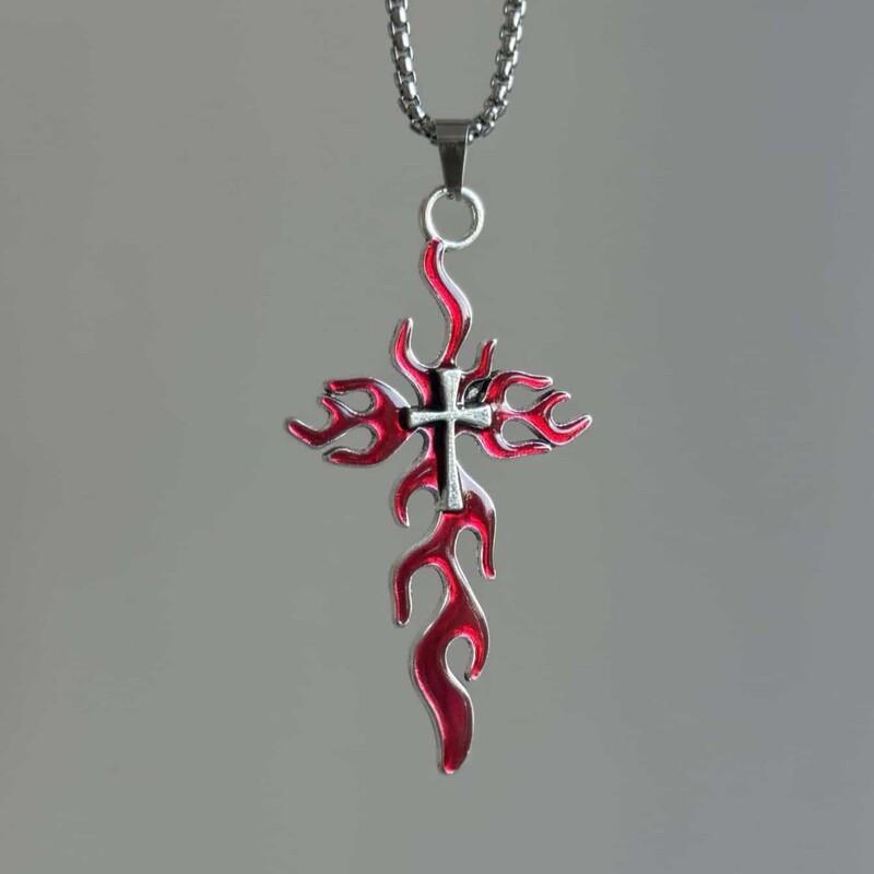 Cross-Border Gothic Flame Cross Men's Necklace Personality Trend Hip-Hop Sweater Chain Wholesale High-End Accessories