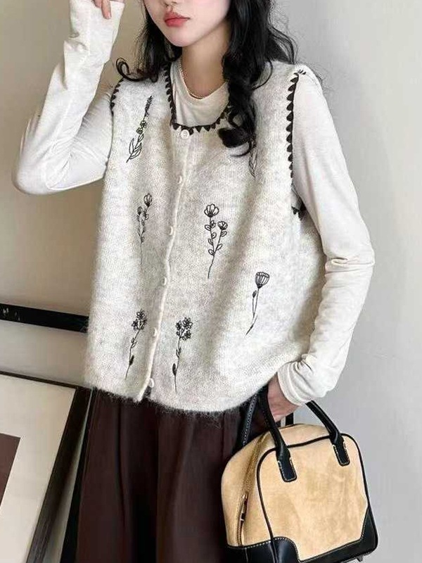 秋冬款拼色针织马甲女刺绣小清新无袖毛线衣内搭叠穿坎肩背心上衣|undefined