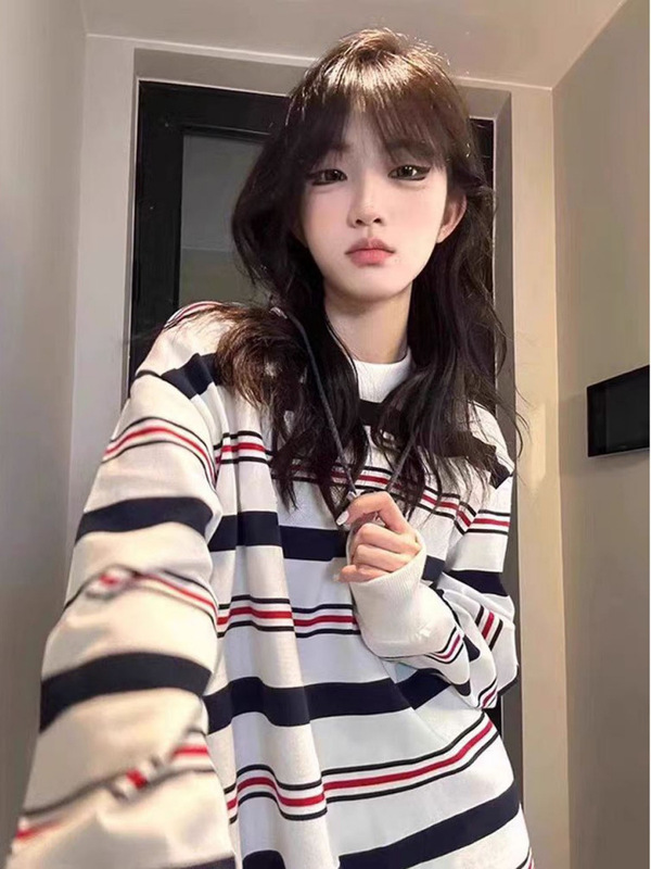条纹长袖T恤女 美式复古高街慵懒风春秋新款宽松休闲学生百搭上衣|undefined