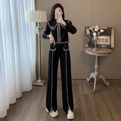 2025秋冬新款时尚韩版小香风套装上衣开衫阔腿裤收腰显瘦两件套女