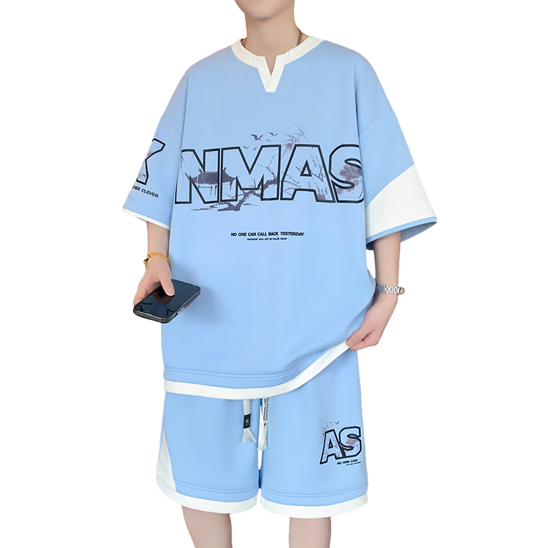 Teenagers Ice Silk Short-Sleeved Shorts Suit Boys High School Junior High School Students Fake Two-Piece T-Shirt Older Children Summer Sports Clothes