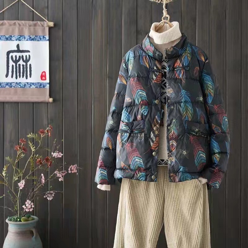 Ethnic Style Artistic Women's Winter New Vintage Printed Collar Short Down Jacket Loose Slimming Lightweight Jacket
