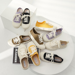 Niche canvas shoes women's shoes thick-soled low-top 2023 spring new style single shoes lace-up sneakers college style white shoes